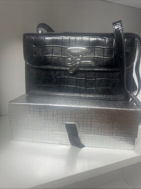Black Croc-Embossed Crossbody Bag with Metal Script Emblem
